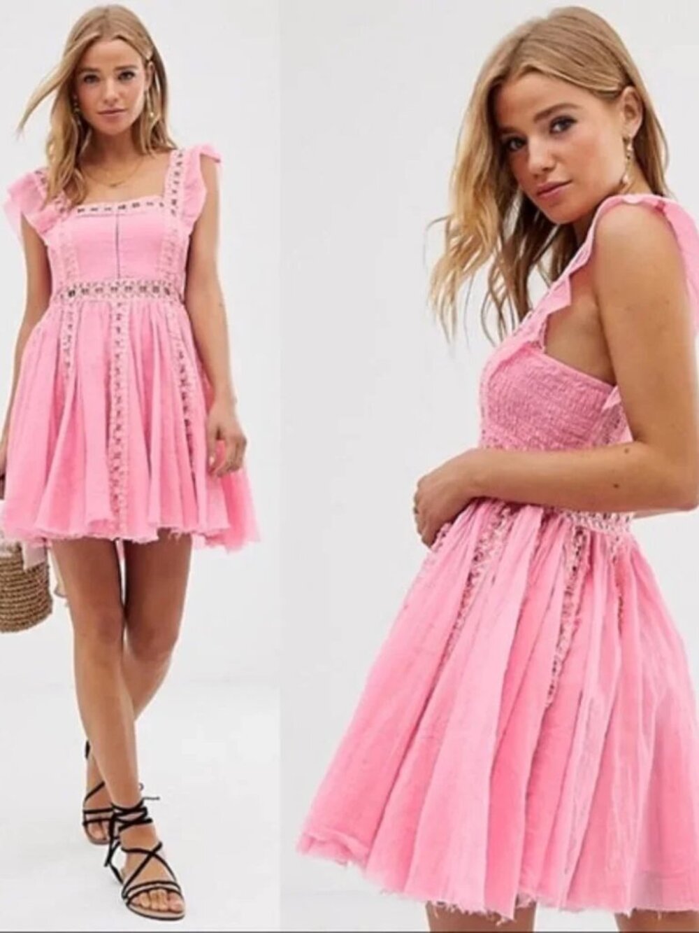 Free People One Bright Pink Verona Lace Trim Gauzy Fit & Flare Mini Dress L